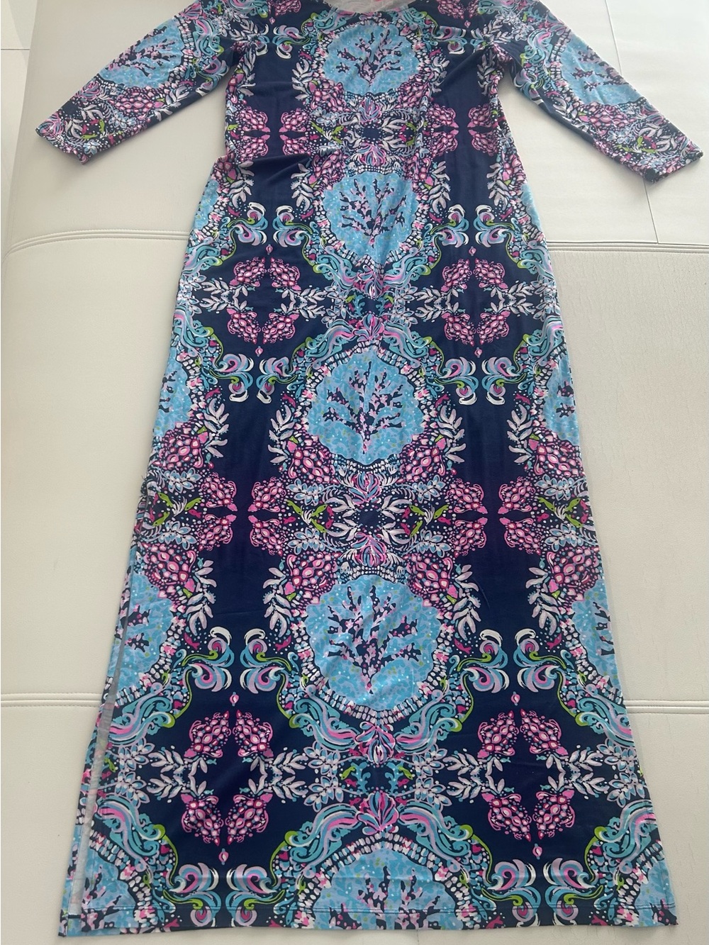 Lilly Pulitzer Navy Maxi Dress with Blue and Pink Floral Medallions